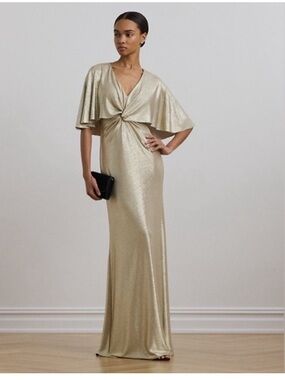 Lauren Ralph Lauren Dress Womens Size 12 Tan Gold Foil Jersey Cape Maxi Gown